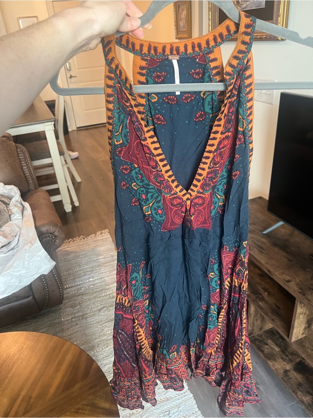 Free People Navy Tunic Dress with Orange and Red Floral Embroidery
